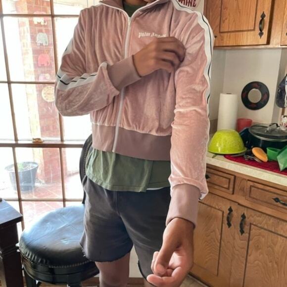 Palm Angels Chenille Cropped Zip Up Hoodie Rose - Picture 8 of 9